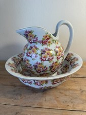 White, Pink Floral Victoria Ware Ironstone Pitcher,  Antique  Wash Jug  & Bowl