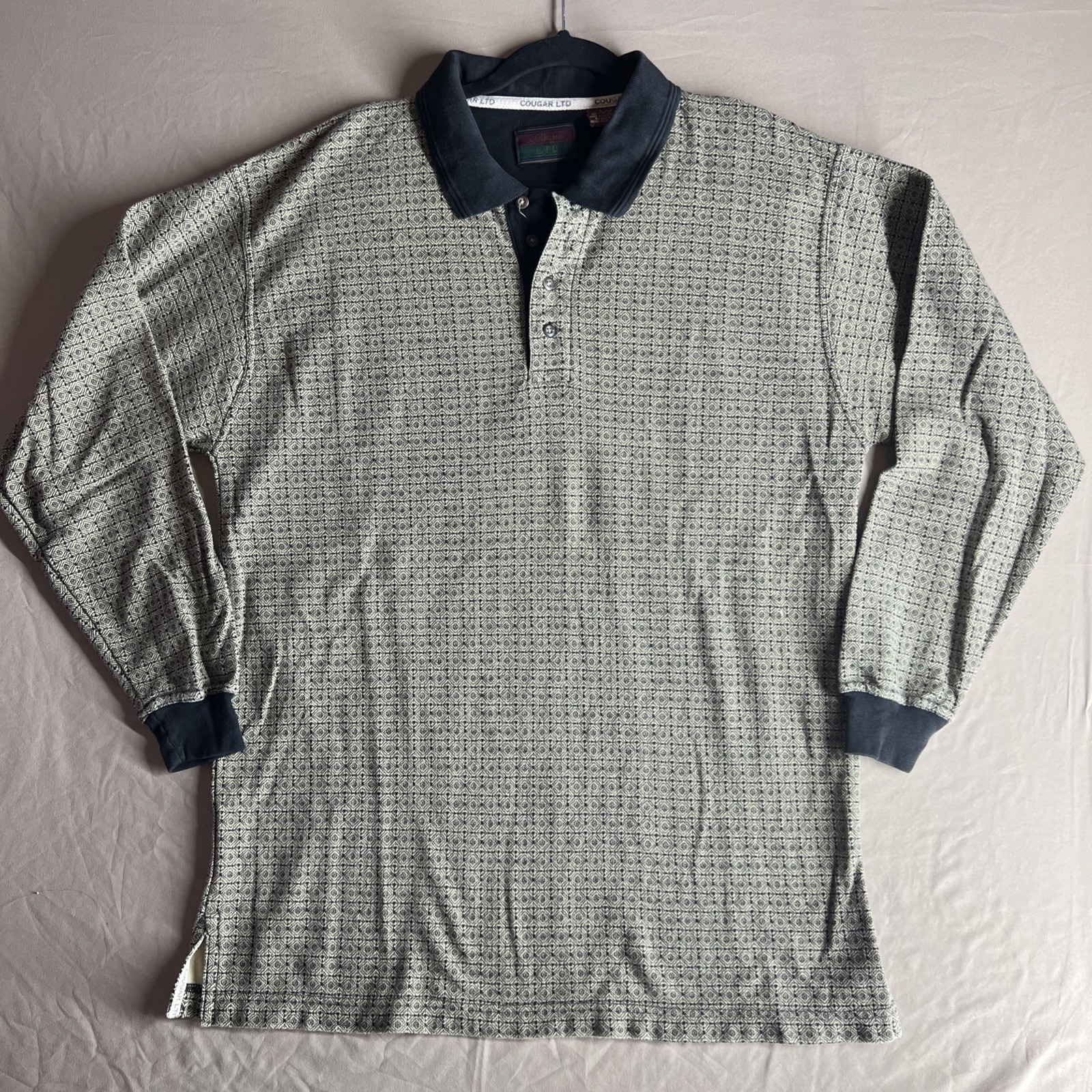 Grandpacore 90s Cougar LTD Long Sleeve Knit Patterned Polo Shirt Earth Tone Men