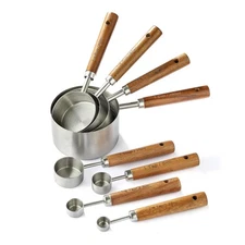 8PCS Measuring Cups Stainless Steel and Spoons Set with Ergonomic Wooden Handle