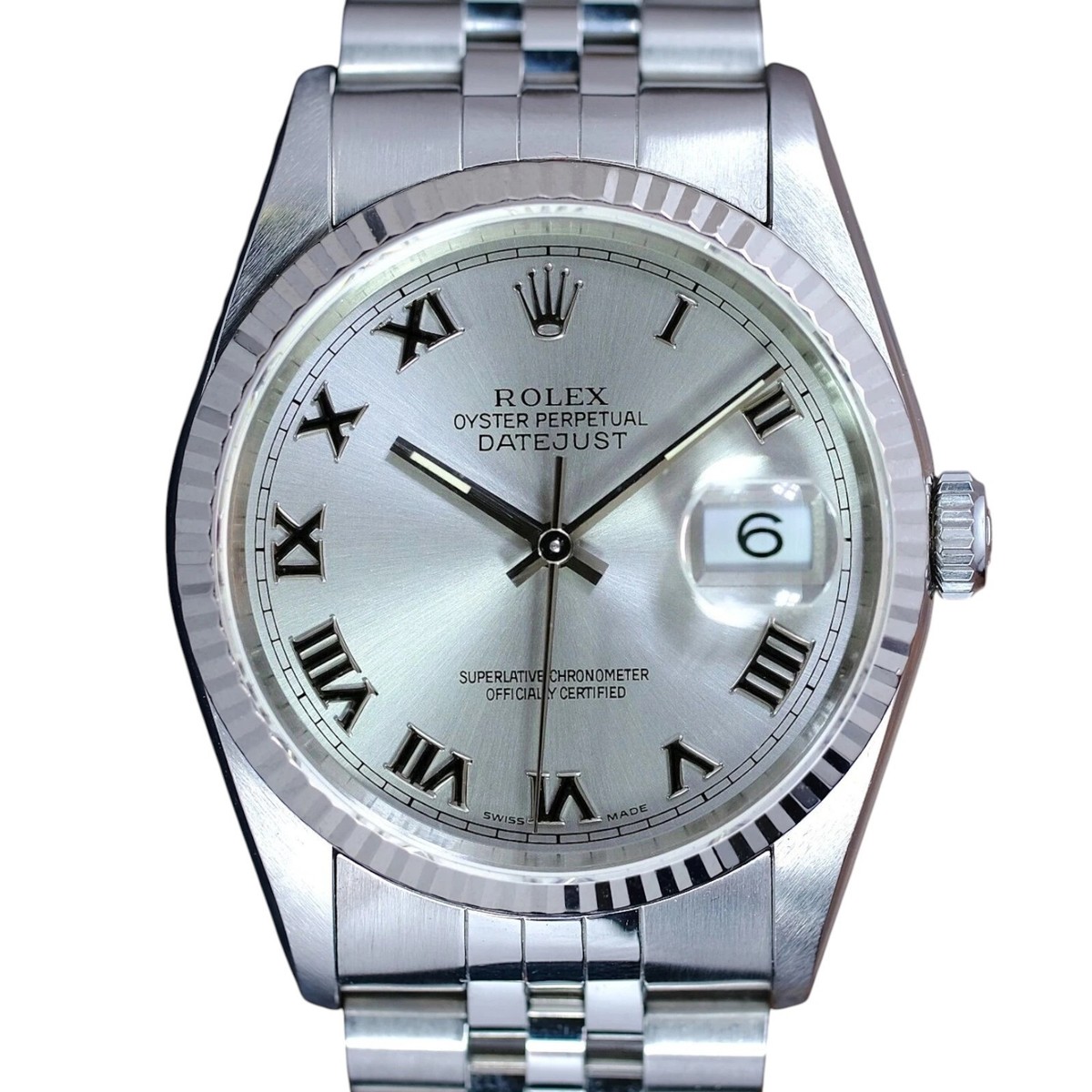 Rolex Datejust Mens Watch 18KW & Steel Silver Roman Dial Fluted