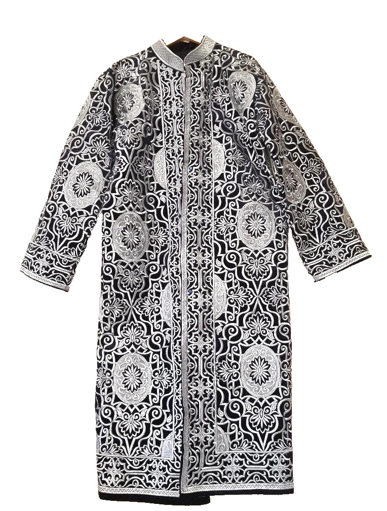 MAJESTIC  UZBEK/TAJIK  MEN'S SILVER ZARDOZI EMBROIDERED CEREMONIAL CHAPPAN