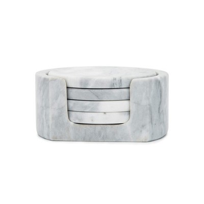 Fox Run Natural Polished Marble Coasters, Set of 4 White Coasters With Holder