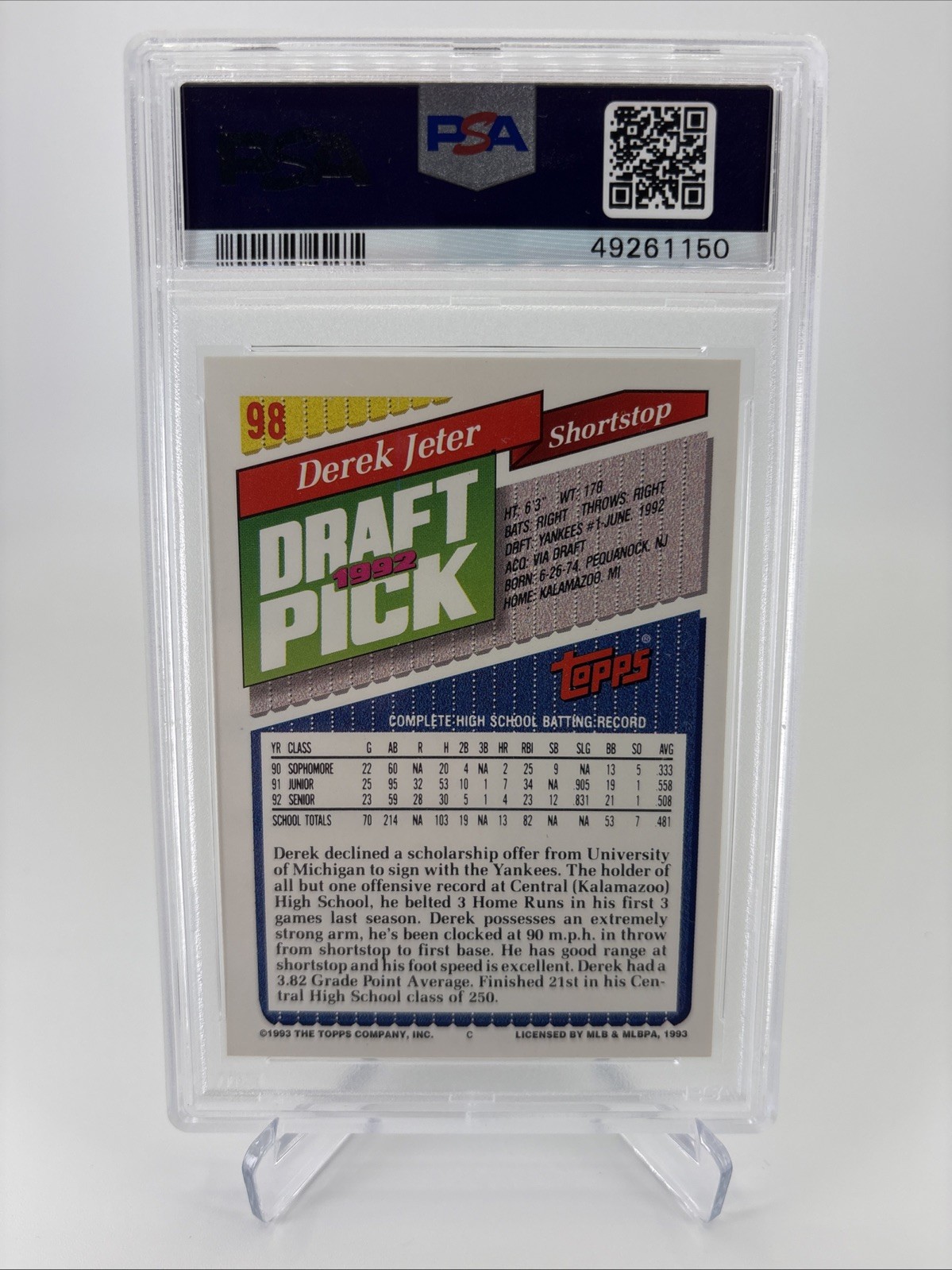 🗽 Derek Jeter 1993 Topps Rookie PSA 9 #98 MINT RC NY Yankees Captain HOF (A) view 2