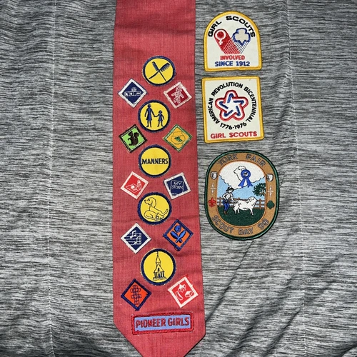 1950s Pioneer Girls Sash And Patches AND Contemporary Girl Scout Patches