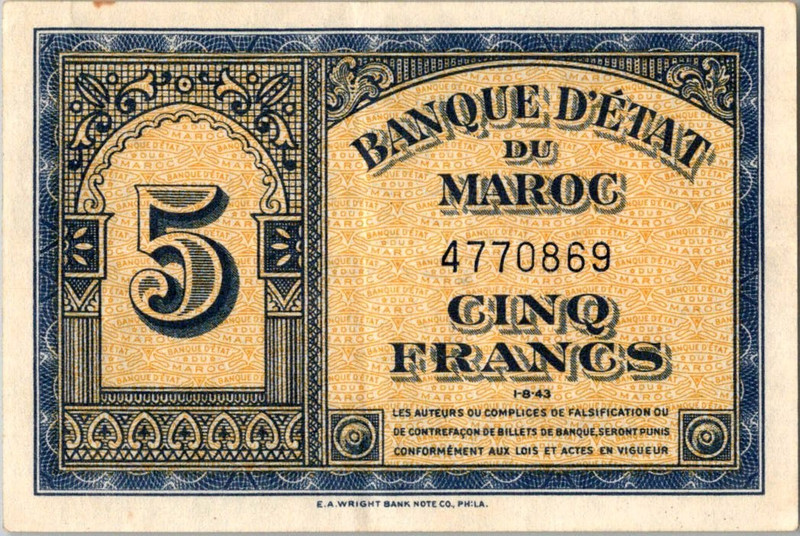 MOROCCO 5 FRANCS  1943