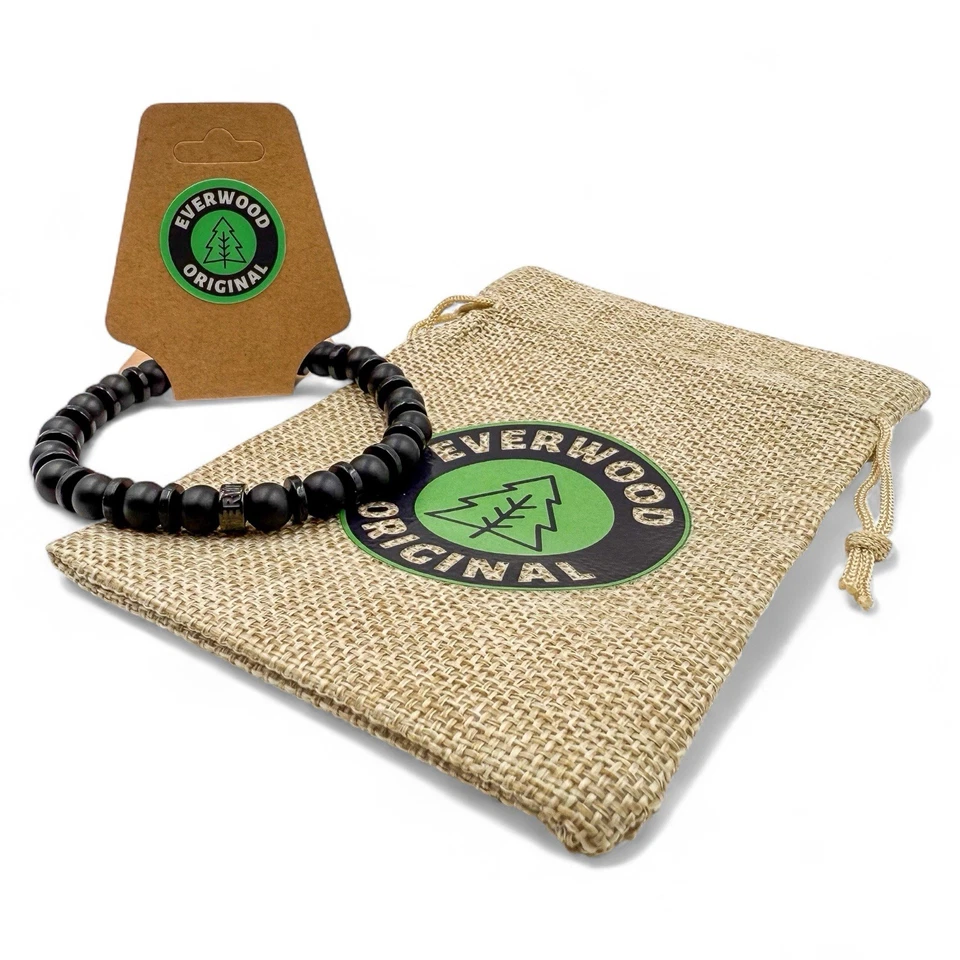 Pulsera de cuentas de piedras preciosas y madera para hombre - BLACK OPS - Joyería elástica hecha a mano Foto 2 de 4