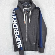 VTG Y2K Superdry Full Zip Hoodie Fleece Jacket Mens M Gray Spell Out Logo Skater