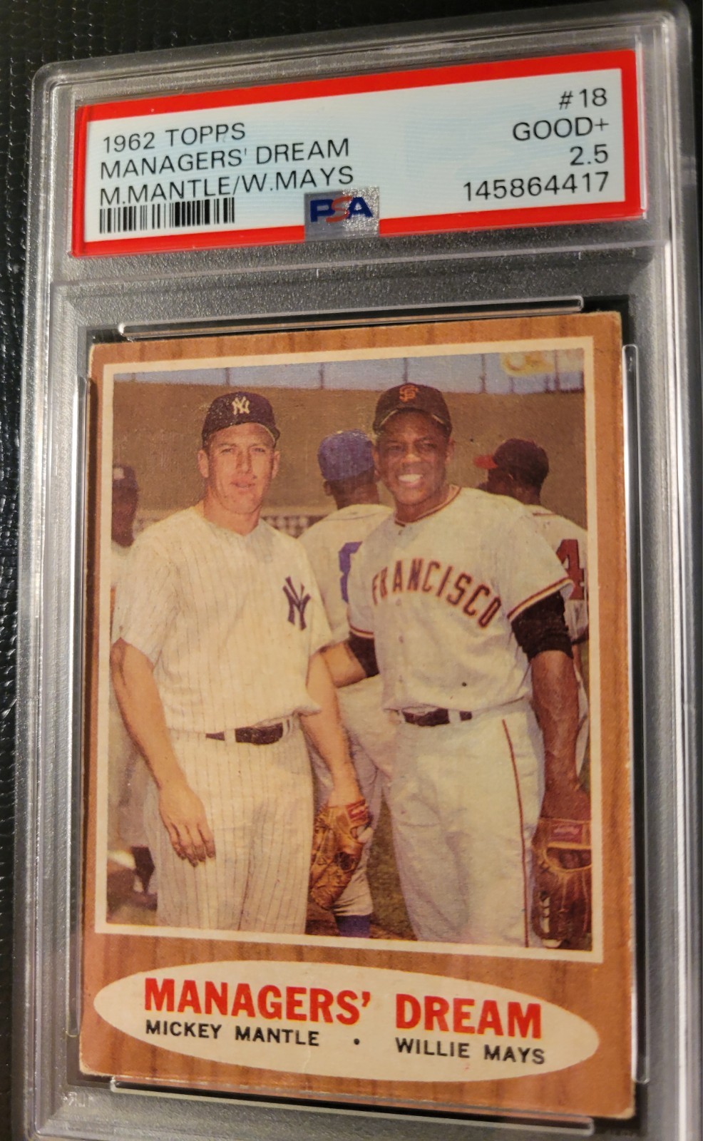 1962 TOPPS #18 MANAGERS DREAM MICKEY MANTLE & WILLIE MAYS PSA 2.5 Mick's MVP YR view 3