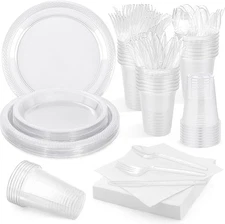 Clear Disposable Dinnerware Set for Parties: Plates, Cups, Utensils, Napkins