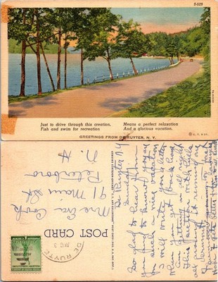 Greetings From DeRuyter NY Postcard Linen Scenic Roadfront 1¢ Stamp Postmark