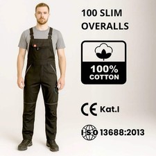 BLACK Bib & Brace Overalls Men Mechanic Work Trousers Multi Pocket Knee Pad