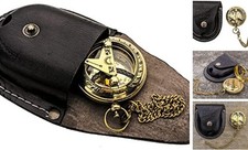 KNB HANDICRAFT Brass Sundial Compass with Leather Case and Chain - Push Open