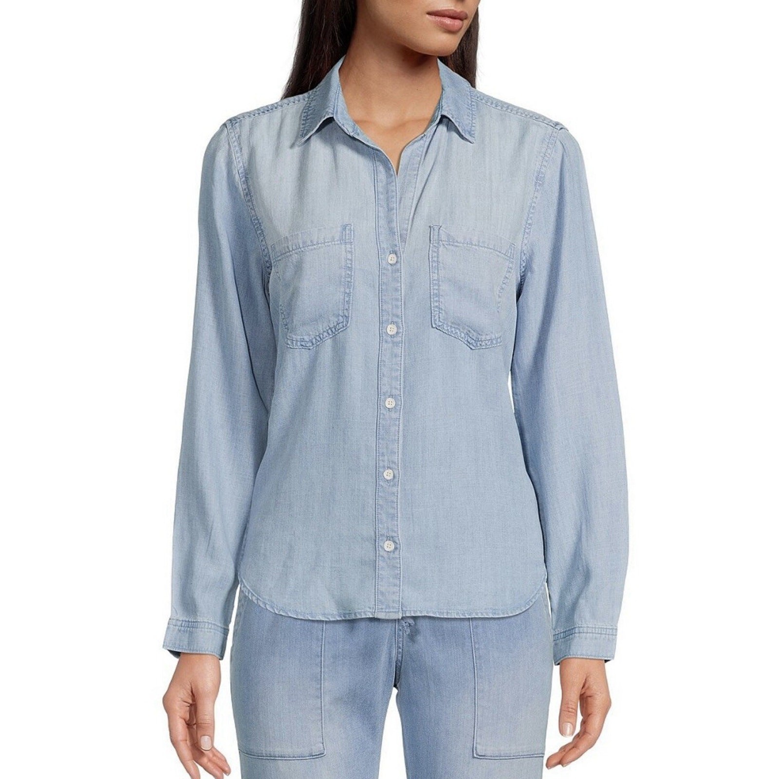Anthropologie Clothe & Stone Shirt Women XS Blue Chambray Roll-Tab Long Sleeve