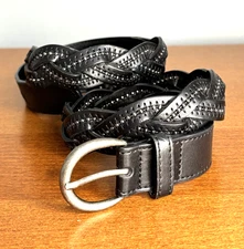 BRAIDED STUDDED FANCY BLACK FAUX LEATHER VEGAN 1" WIDE 41" LONG BELT