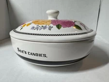 See’s Candies Ceramic Floral Candy Nut Dish W/Lid Roses Violets 3” T X 5.75”W