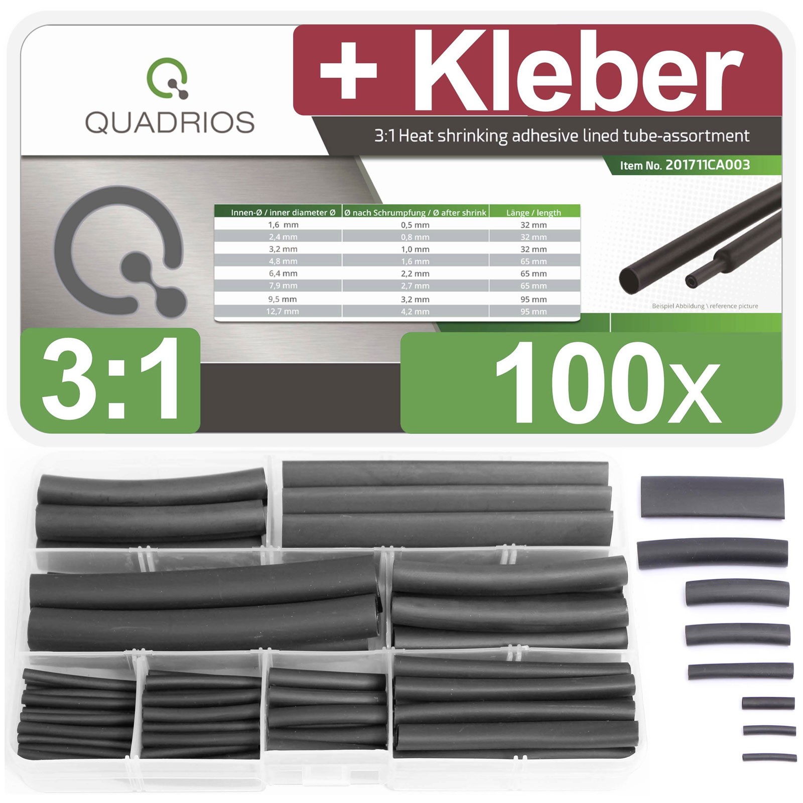 Quadrios Heatshrink Set Black 3:1 Ratio 100 pcs Adhesive