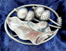 GEORG JENSEN Sterling Silver ACORNS & OAK LEAVES Oval Brooch USA 1940s