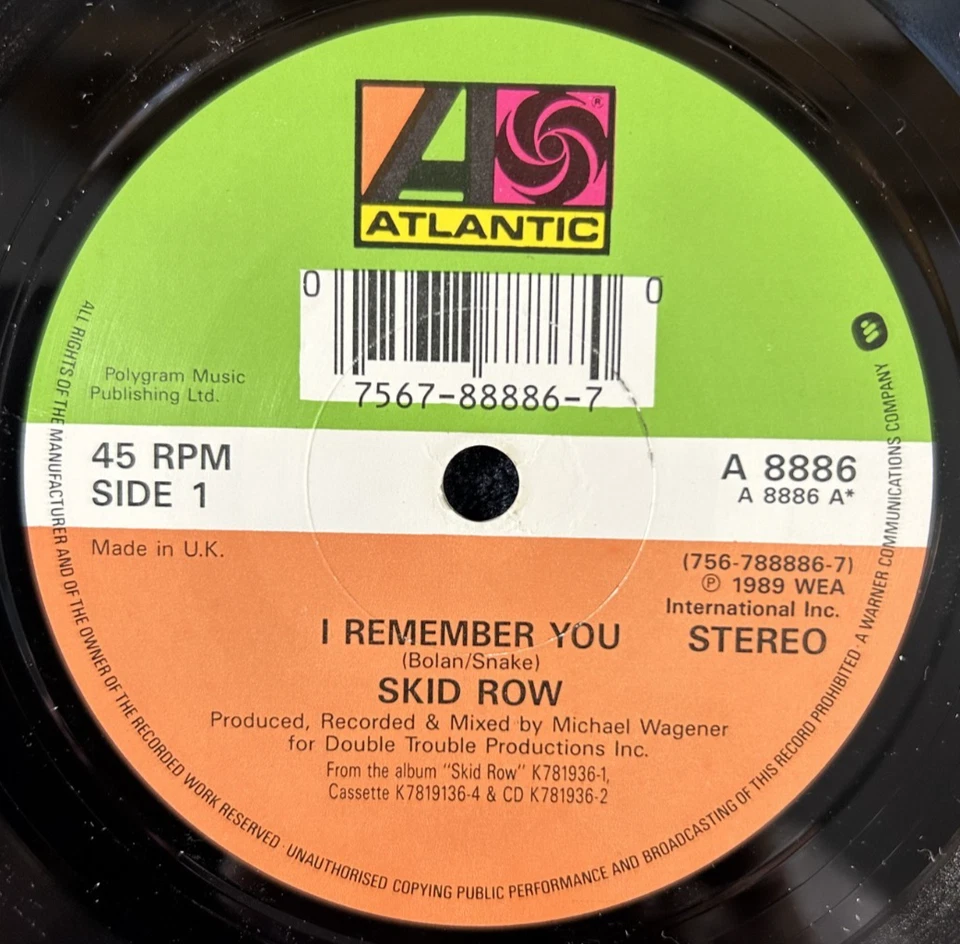 SKID ROW 'I REMEMBER YOU' 7'' SINGLE ATLANTIC RECORDS A8886 1989 UK FIRST PRESS - Image 3 of 4