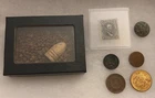 CIVIL WAR MINIE BALL, EAGLE COAT BUTTON, LINCOLN STAMP, 2¢ UNION SHIELD +3 COINS