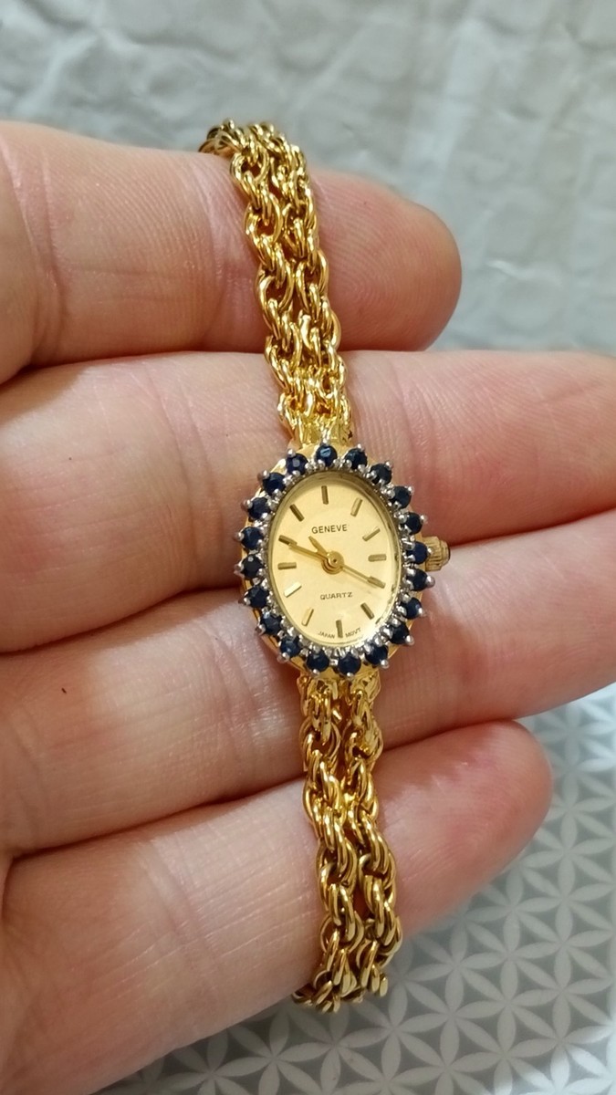 Vintage Geneve Ladies Quartz Watch - Sapphire Blue Halo Bezel, Woven Mesh Band GENEVE Sapphire Bezel Luxury Vintage Women main image 2