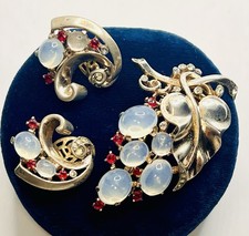 Important Signed Sterling Trifari Moonstones Grapes Brooch & Earrings Set-Rare