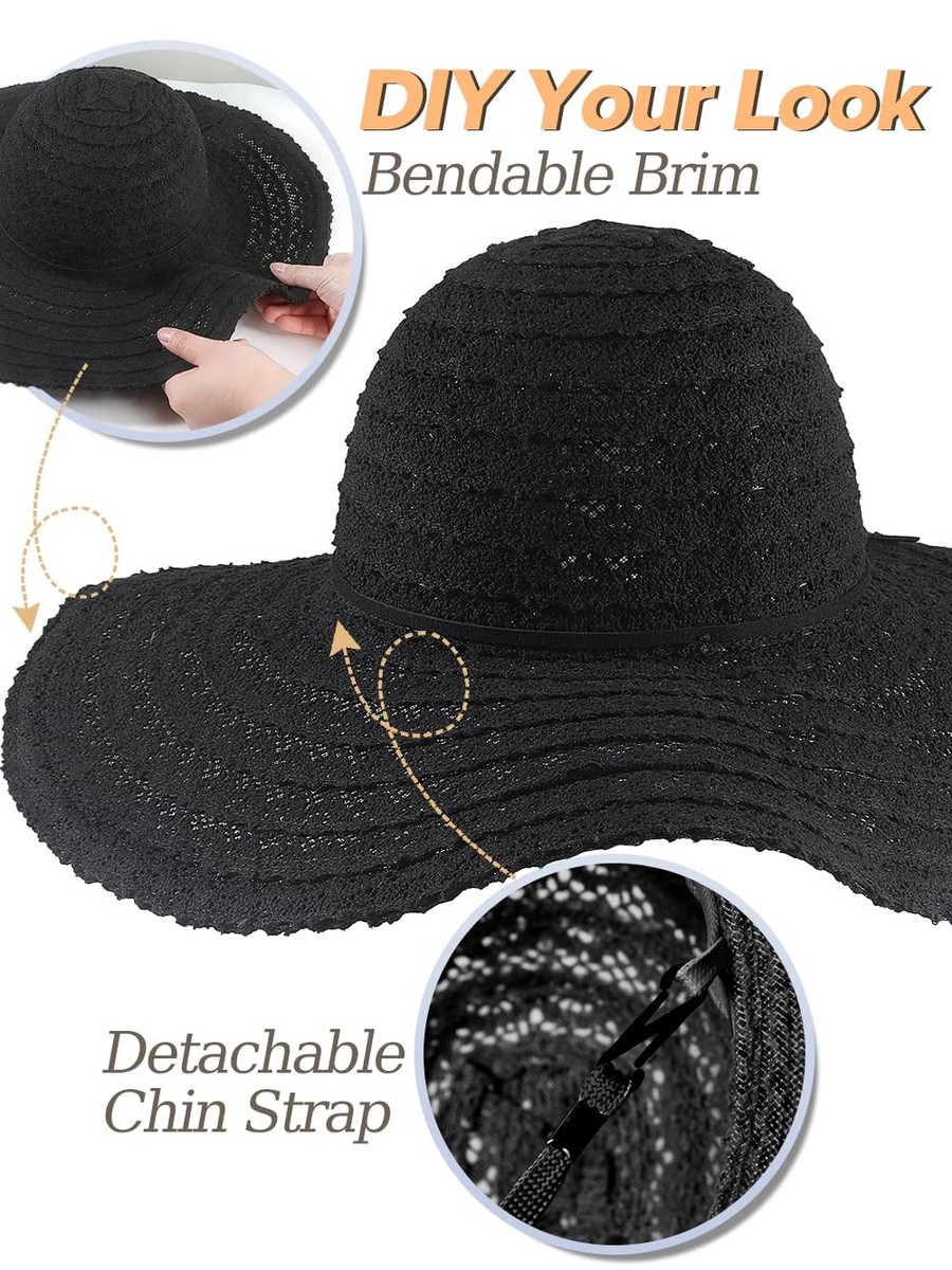 Wide Brim Floppy Sun Hat Packable Foldable Lace Adjustable Wire Brim Women Beach Straw Hat Floppy Wide Brim Lace Sun Hat Foldable  main image 4
