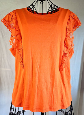 Philosophy Tunic T-Shirt Crochet Lace Cap Sleeve 2X Orange Cotton Blend NWOT