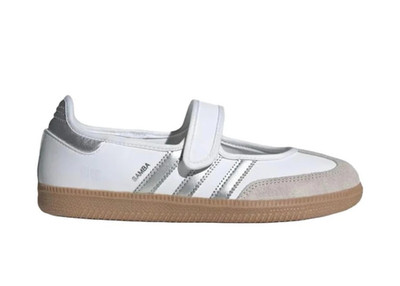 Adidas Women's Samba Silver and White Mary Jane Shoe.