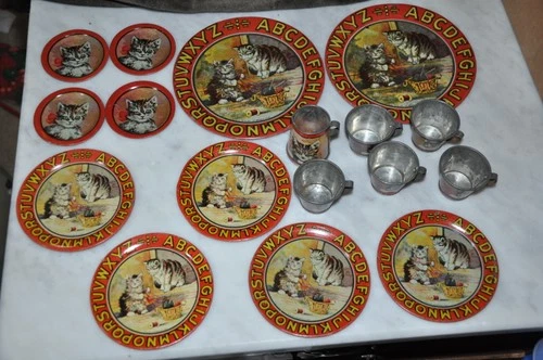 RARE Antique Ohio Art Tin Litho Child Toy Dish & Cup Cat Kitten Tea Set