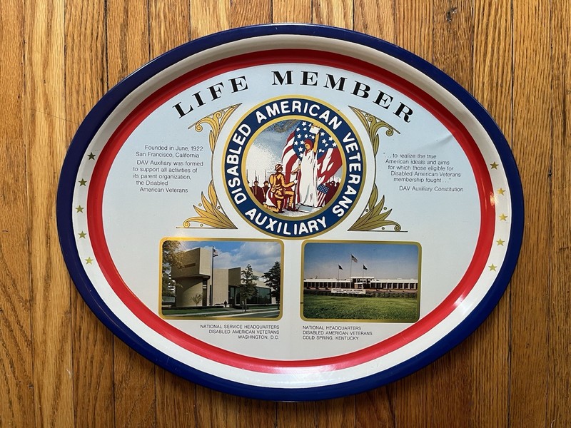 Vintage Disabled American Veterans Auxiliary Life Member Oval Tin Tray Veteran