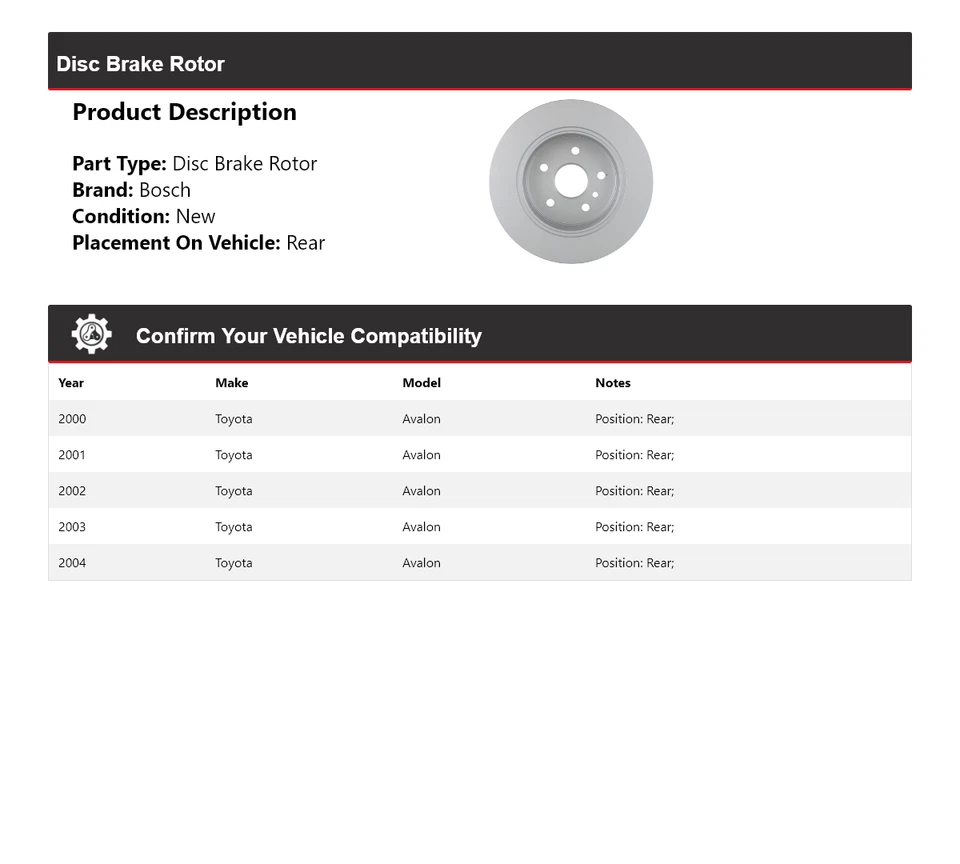 Para 2000-2004 Toyota Avalon Bosch QuietCast rotor de freio a disco traseiro 2001 2002 2003 - Imagem 2 de 4