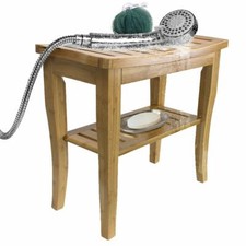 Bamboo Shower Bench Stool with Shelf, 2-Tier Wood Storage  Seating for Bathroom