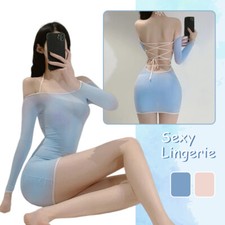 Women Sexy Sheer Lingerie Mini Short Dress Lace Up Bodycon Backless Nightdress