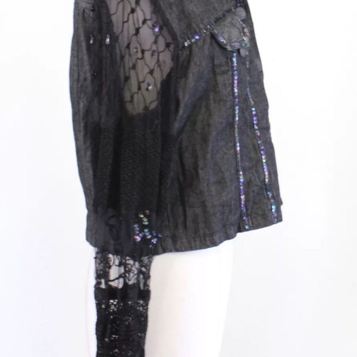 Sandy Starkman Gray Black Chambray Lace Sleeve Sequin Cropped Jacket Size L Y2K - Picture 6 of 9