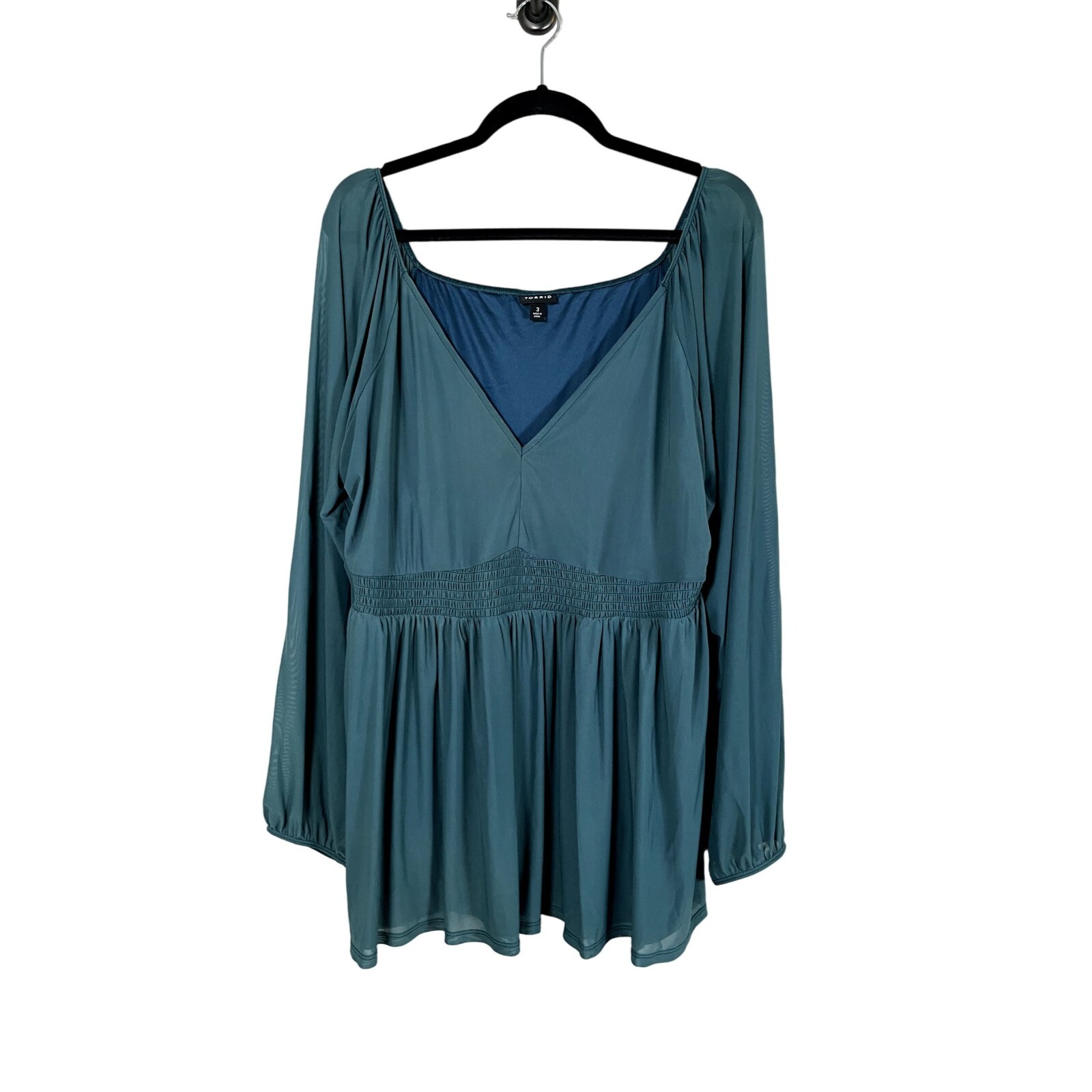 Torrid Top Women 3X Blue V Neck Pullover Smocked Babydoll Stretch Mesh 22