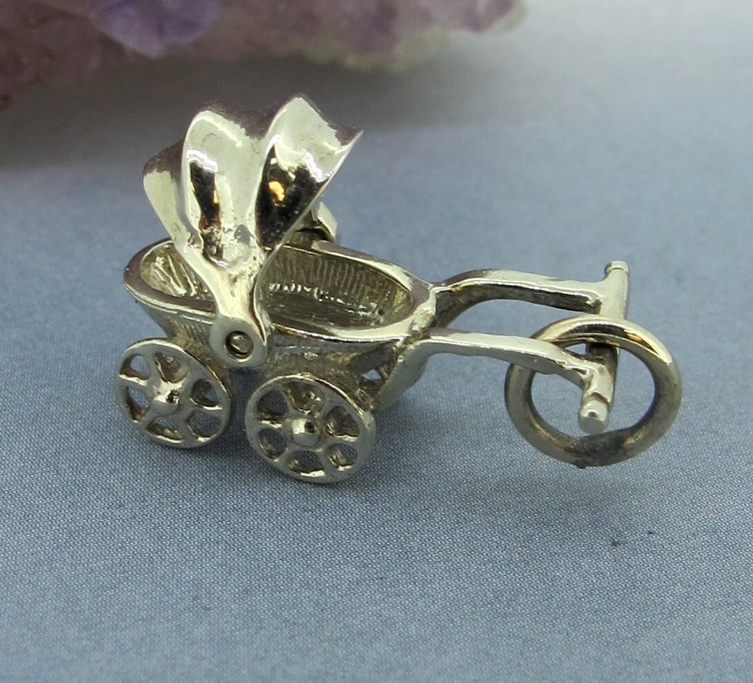 Vintage RQC 14k White Gold 3D Moveable Shade Baby Carriage / Stroller Charm View 2