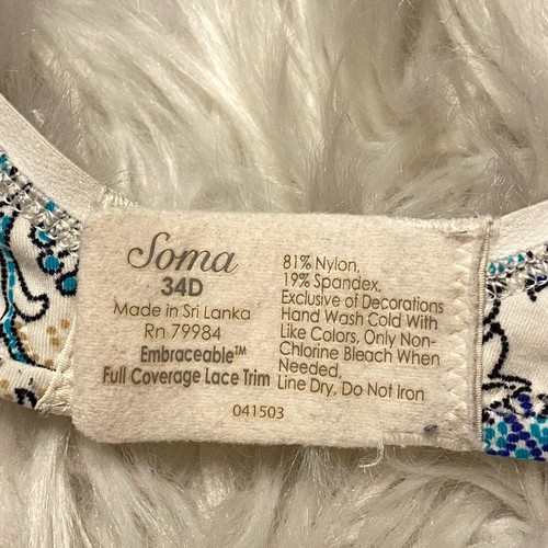 Soma 34D Bra Embraceable Full Coverage Lace Trim Underwire Back Closure Stretch - Picture 7 of 7