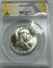 1963-D  Franklin US Half Dollar,   MS64 by ANACS,   FBL,   SUPERB looking coin!!