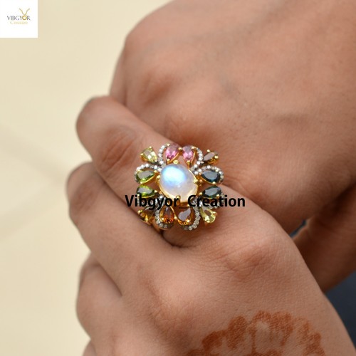 Multi Gemstone Pave Diamond Ring 925 Sterling Silver Handmade Fine Jewelry Gift - Picture 2 of 6
