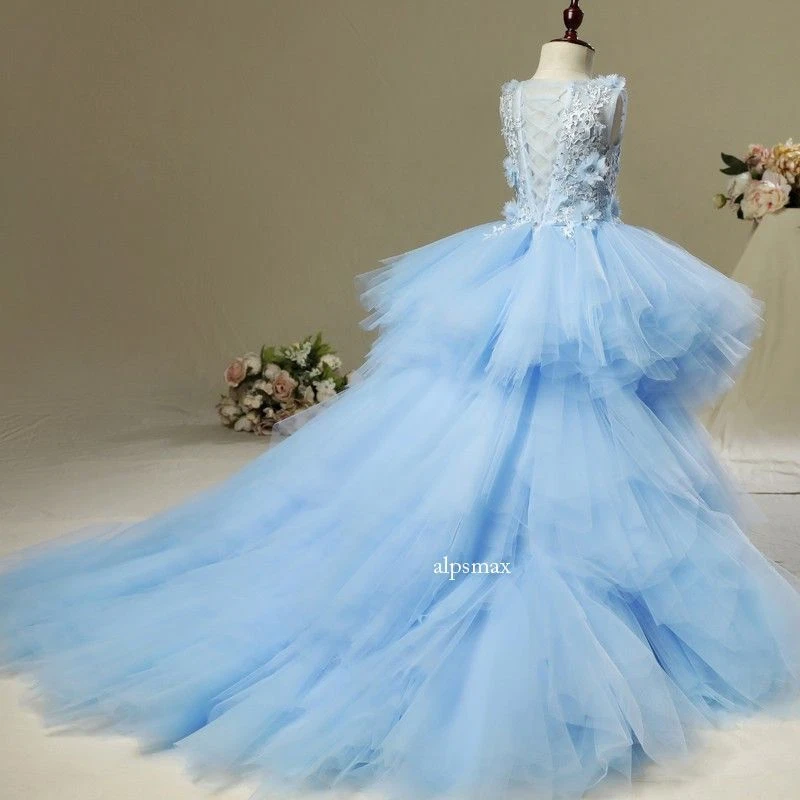 Vestido Hi-Lo Flor Niña Desmontable Tren Niños Pequeños Concurso Adolescentes Niños Azul Foto 3 de 4