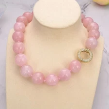 18" 20mm Round Smooth Natural Rose Quartz Crystal Necklace CZ Clasp