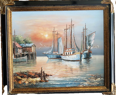 B. Wilder, Exquisite VTG  MCM Orig. Dutch School O/C  Sailboats At Rest'', Signed