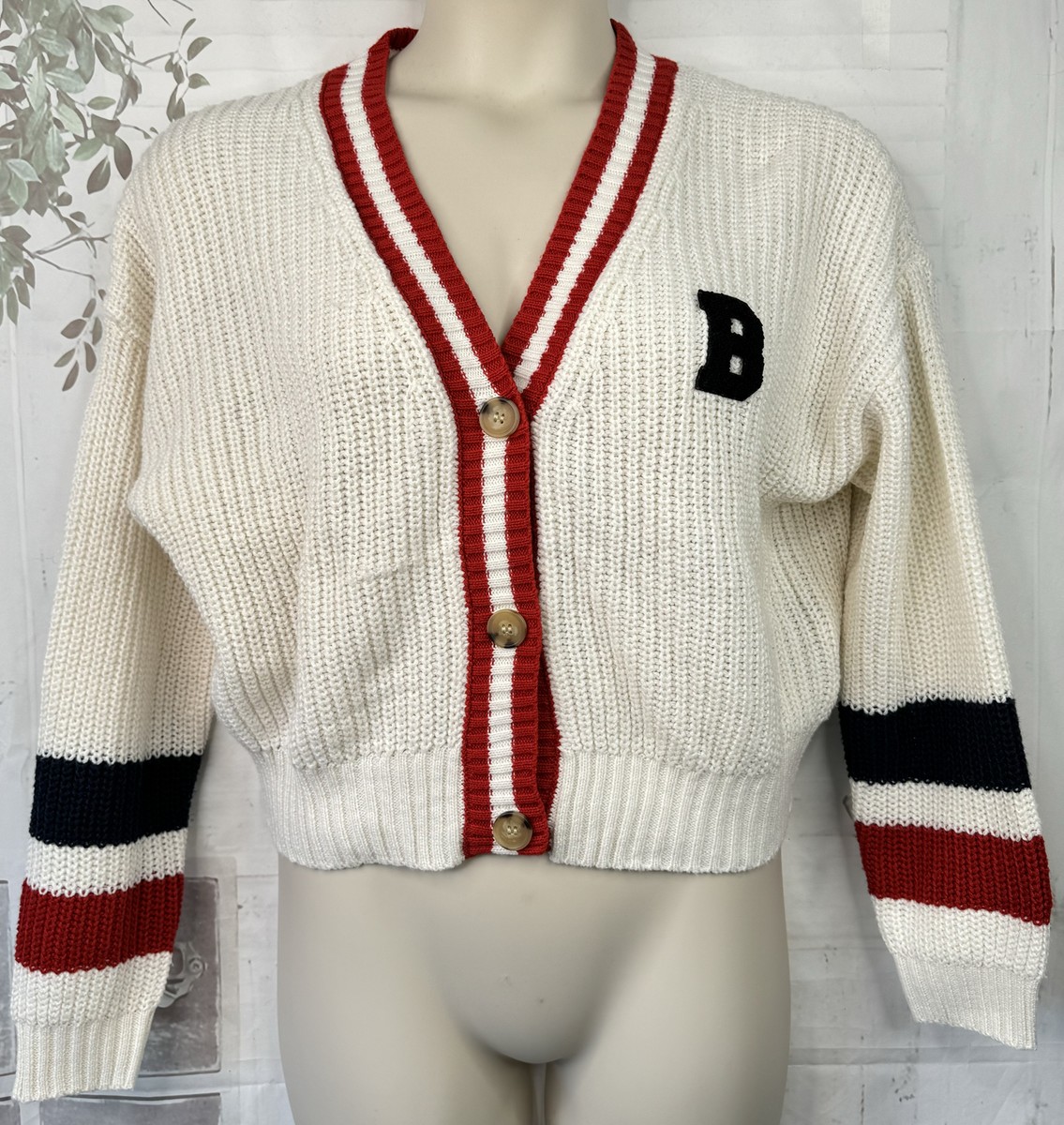Love Tree Cardigan Womens Large Red White Blue Letterman Cropped Sweater  Preppy