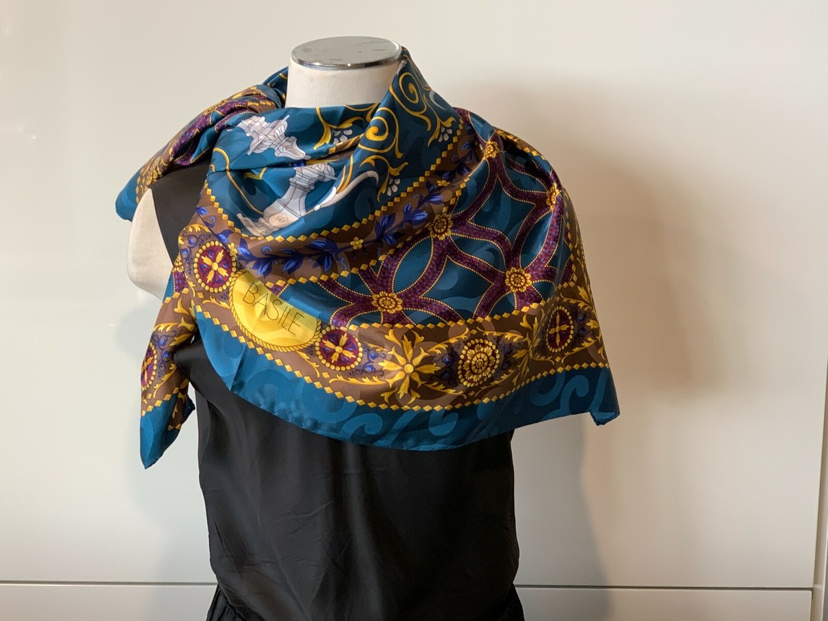 BASILE Silk Satin Jacquard Teal Green,Gold Byzantine Scarf 88x88cm