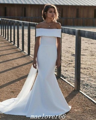 Simple Satin Mermaid Wedding Dresses Off Shoulder Country Wedding