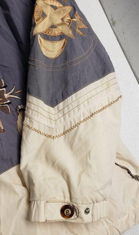 Giacca cappotto ricamato vintage anni '90 Willy Bogner pony indiano ghiaccio blu beige S