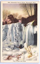 Postcard Minnesota Falls Frozen Over in Winter Minneapolis c.1942 Linen UNP  F9