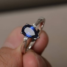 Blue Sapphire Ring Pear Cut Engagement Ring Sterling Silver Ring Gift for Mother