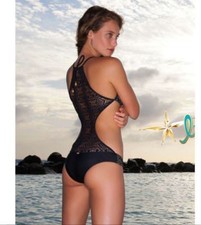 LULI FAMA Miami Nights Crochet Monokini One-Piece Swimsuit Black Gold MEDIUM M