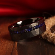 Astrology Blue Sapphire Meteorite, Black Hammered Ring Men's Wedding Band